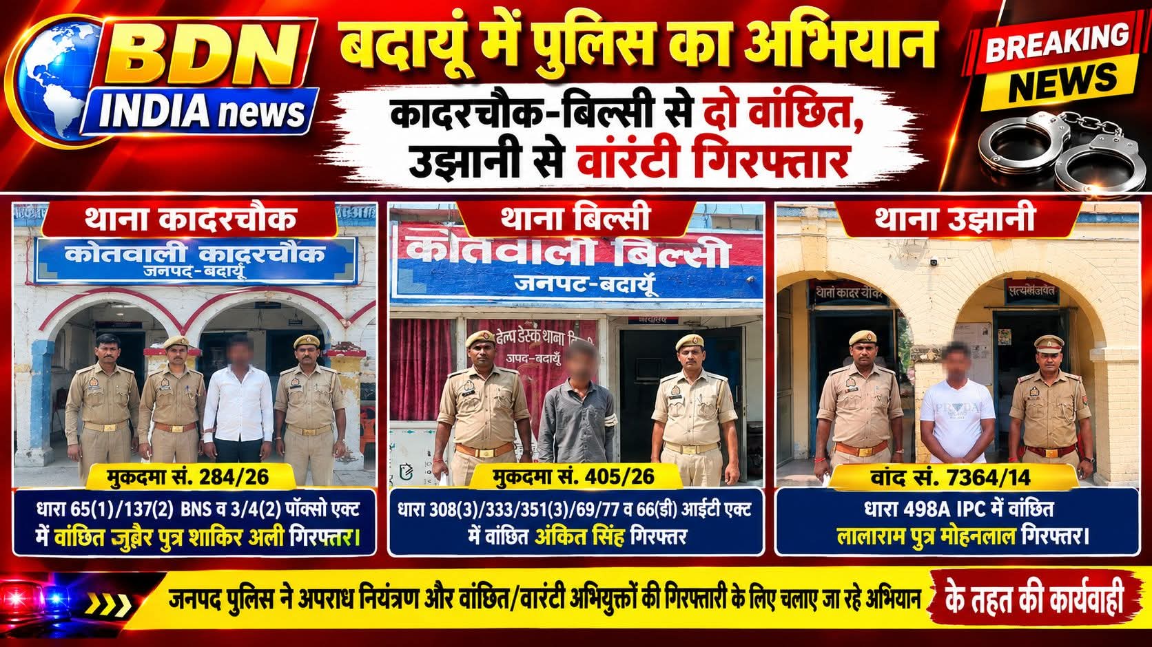 बदायूं में पुलिस का अभियान: कादरचौक-बिल्सी से दो वांछित, उझानी से वारंटी गिरफ्तार