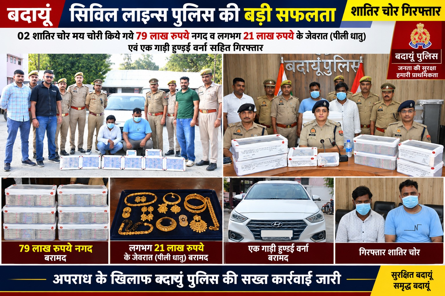 दास कॉलेज के पास कार का शीशा तोड़कर 1 करोड़ रुपये का माल उड़ाने वाले दो शातिर चोर गिरफ्तार