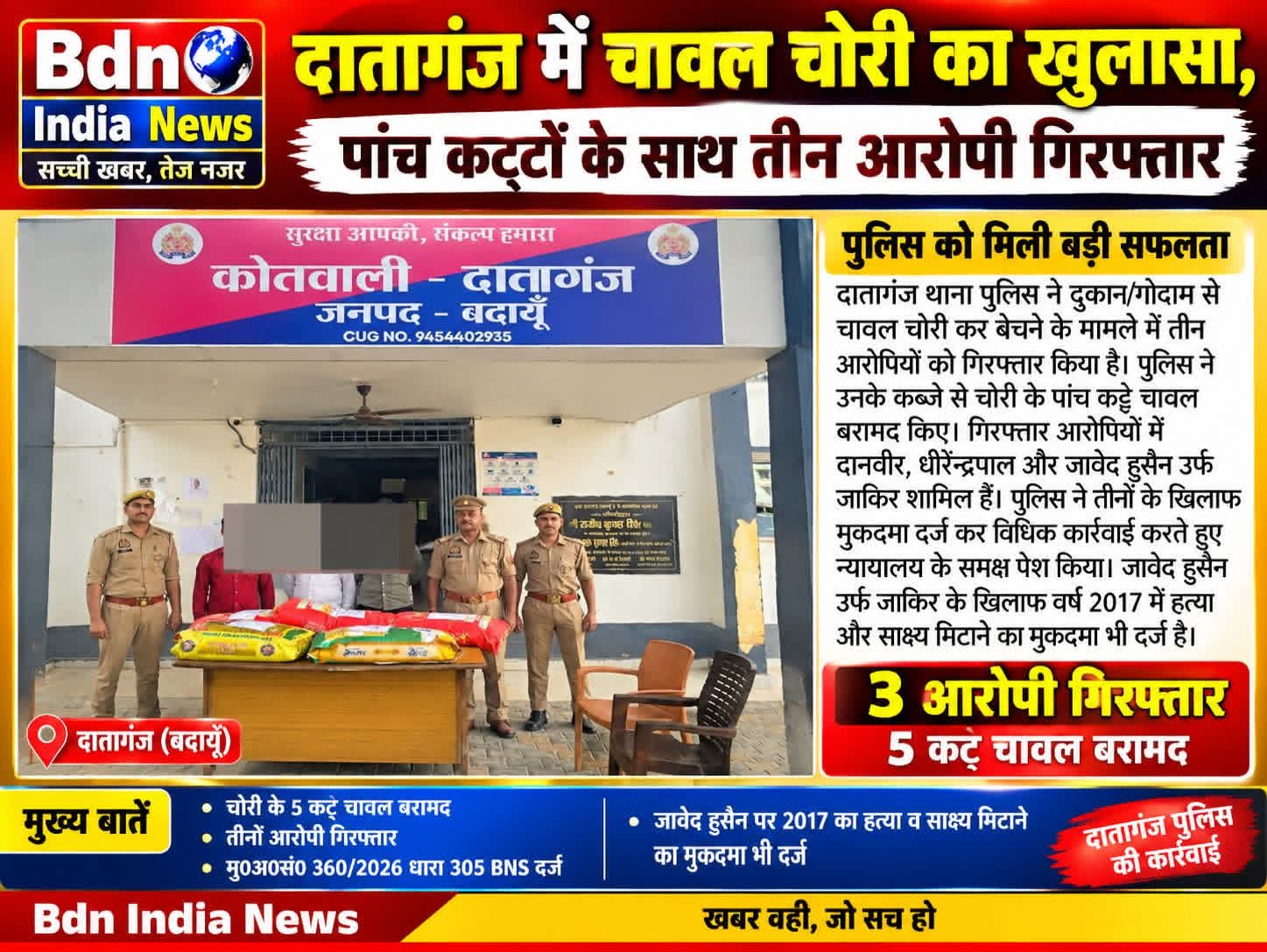 दातागंज में चावल चोरी का खुलासा, पांच कट्टों के साथ तीन आरोपी गिरफ्तार